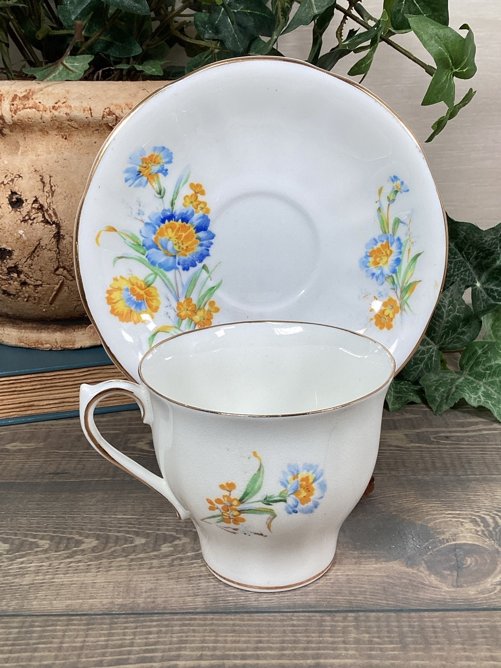 Vintage Victoria C & E Bone China England Tea Cup & Saucer Blue Yellow Flowers